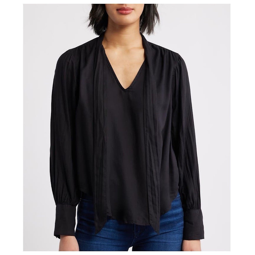 Cloth & Stone‎ Tie Neck Blouse Top Womens Sz XL Black Long Sleeve